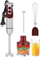 MegaWise 5-in-1 Hand Blender Set with Variable Speed Control, 400W Immersion Blender - Includes Whisk, Milk Frother, Chopper, and Beaker for Smoothies, Soups, and Baby Food (RED) by TinyTreasures Baby Boutique