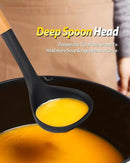 Silicone Pasta Fork and Ladle Spoon Set with Wooden Handle, Heat Resistant Non Stick Kitchen Utensils for Cooking, Stirring, Serving Spaghetti, Soup, Sauce(BLACK) by CozyNest Decor