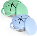 2 Pack Snack Cups for Toddlers Spill Proof - Detachable Stainless Steel Toddler Snack Cups with Silicone Lids & Handles - Dishwasher Safe Baby Snack Containers for Mess-Free Snacking (Blue and Green) by TinyTreasures Baby Boutique