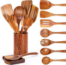 9 Piece Natural Teak Wooden Kitchen Utensil Set with Spoon Rest - Comfort Grip Cooking Spoons and Utensils Holder by CozyNest Decor