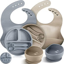 10 Pack Silicone Baby Feeding Set, Toddlers Led Weaning Feeding Supplies with Suction Baby Bowl Divided Plate Adjustable Bib Soft Silicone Spoon Fork, Infant Self Eating Utensil Set (Gray, Khaki) by TinyTreasures Baby Boutique