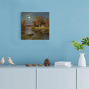 Small house by the stream under the moonlight tranquil style suitable for living room bedroom and office landscape poster wall art by CozyNest Decor