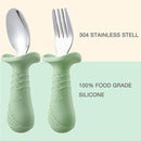 PandaEar Baby Toddler Fork and Spoon Utensil Set, 6 Pack Silicone Stainless Steel Silverware Spoon Fork for Babies Toddler, BPA Free with Silicone Holding Anti-Choke Design (Green Blue Brown) by TinyTreasures Baby Boutique