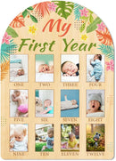 ORIGACH My First Year Baby Growth Photo Display Wood Board - 12 Months Newborn Milestones Photo Board - Neutral Baby Keepsake Board 1st Birthday Party Nursery Decor New Mom Gift - Tropical Leaves by TinyTreasures Baby Boutique