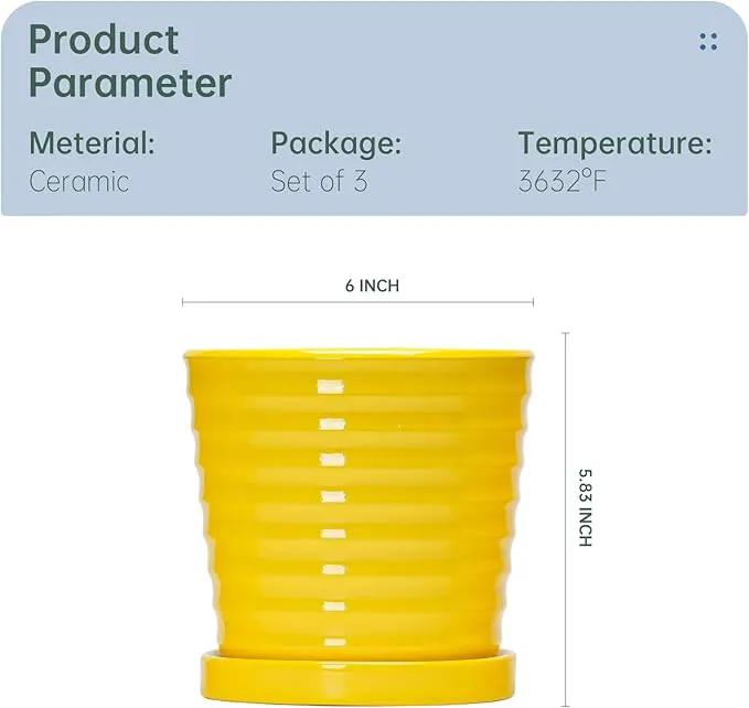 Ton Sin Plant Pots, 6 Inch Flower Pots for Plants,Ceramic Planter with Drainage Holes,Indoor Planter Pots with Saucer,Outdoor Garden Pots (Yellow, 4 Pack), photo 3 of 5
