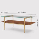 Rectangle Coffee Table, Mid-Century Modern Design, L41 W21 x H17, for Living Room, 2-Tier Structure, Clear Glass Top and Walnut MDF Shelf, Sleek Conical Metal Legs with Gold Finish by CozyNest Decor