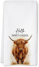Highland Cow Farmhouse Hand Towels for Bathroom Kitchen Decor | Waffle Weave Microfiber Dish Towel Set | Hello Sweet Cheeks Farmhouse Cow Decorative - A01 by CozyNest Decor