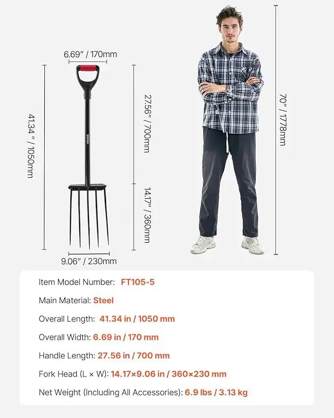 VEVOR Garden Fork, 5-Tine Gardening Pitchfork with Metal Handle, 41 in Heavy Duty Digging Fork with Y Grip, Forged Steel Spading Fork for Hay Potato Composting Transplanting Aeration, photo 7 of 9