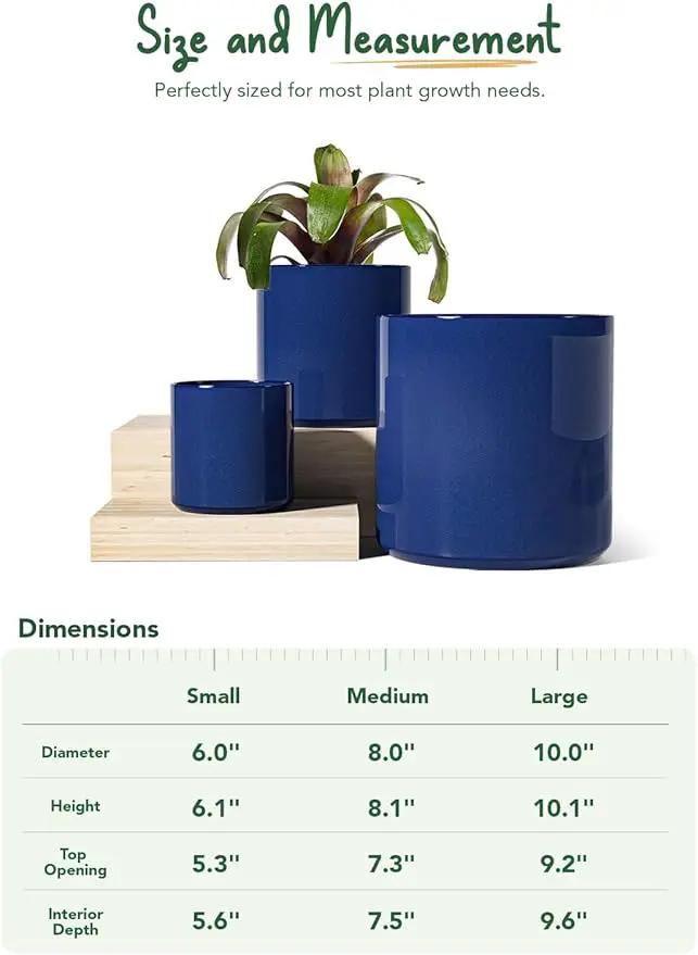 LE TAUCI Ceramic Plant Pots Indoor, 10+8+6 Inch Planters for Indoor Plants, Mid-Century Modern Flower Pots with Drainage Hole and Plug, Cylinder Round Planters, Set of 3, Sapphire Blue, photo 6 of 7