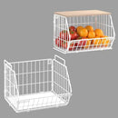 Wetheny 2 Tier Stackable Wall Mounted Wire Basket Fruit Basket with Wood Lid - Kitchen Pantry Organization and Storage, Hanging Storage Basket for fruits, Onion, Potato, Produce, Vegetable (White) by CozyNest Decor