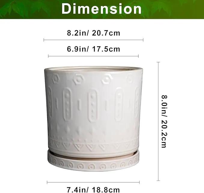 Ceramic Planter for Indoor Plants - 8 Inch Plant Pot Outdoor Flower Pot with Drainage Holes and Saucer Modern Round Planter Succulent Pot for Home Garden Decor White, photo 3 of 9