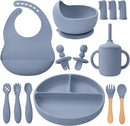 Silicone Baby Feeding Set 14 Pcs,Baby Led Weaning Supplies, Baby Spoons Suction Bowl Divided Plate Bib Cup Finger Brush,First Stage Solid Food Eating Utensils - 6+ Months(Blue Gray) by TinyTreasures Baby Boutique