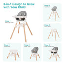 Baby High Chair, 6 in 1 Wooden Convertible High Chairs for Babies and Toddlers, Booster Seat with Double Tray & Reversible Footrest Baby Highchair, 5-Point Harness Baby Feeding Chair, Grey by TinyTreasures Baby Boutique