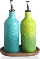 Sweejar Ceramic Olive Oil Dispenser Bottle, 20 Oz Relief Opaque Oil Cruet Protects To Reduce Oxidation, Suitable for Storage, Vinegar, Soy Sauce,Liquids,Set of 2 (Gradient Blue Gradient Green) by CozyNest Decor