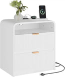 FURSUN 24" Fluted Nightstand with Charging Station, Wooden End Table with 2 Drawers Storage, Curved Profile Design, Modern Bedside Cabinet for Bedroom Living Room, White by CozyNest Decor