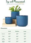 LE TAUCI Fluted Ceramic Planters Set of 3 – 8.3/7 / 5.7 in Ocean Blue Reactive Cylinder Indoor Plant Pots with Drainage Plug & Mesh, Glossy Stoneware Flower Pots for Succulents Herbs by CozyNest Decor