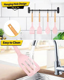 Pack of 4 Silicone Cooking Utensils Set, Non Stick Solid Spatulas and Heat Resistant Slotted Spoons with Wooden Handle, Ideal Wood Kitchen Utensils Set for Frying,Serving,Turning,Stirring (PINK) by CozyNest Decor