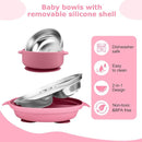 Stainless Steel Baby Plate and Bowl with Suction, Baby Bowl and Divided Kids Toddler Plate with Removable Silicone Shell, Non-Slip Toddler Baby Feeding Set, Forks + Spoons Included-Rose red by TinyTreasures Baby Boutique