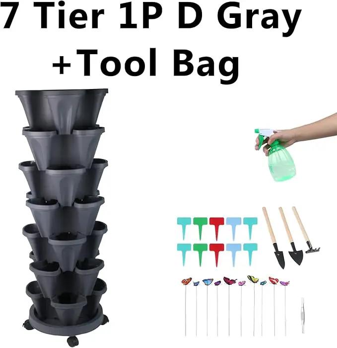 Vertical Planter, 7 Tier Stackable Strawberry Planter with Garden Tool Set, Movable Indoor/Outdoor Garden Herb Pot for Growing Vegetables and Succulents, Dark Gray, photo 8 of 8