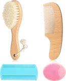 Goat Baby Hair Brush Set, Safe Natural Hair Care Kit with Wooden Soft Goat Bristles Brush Comb Pink Silicone Bath Brush for Newborns Toddlers (4pcs Set) by TinyTreasures Baby Boutique
