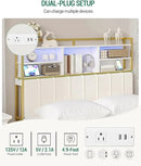 Headboard with 3-Tier Storage Shelves, Velvet Upholstered Head Board with 2 Outlets, USB Ports & LED Light, Soft Backrest for Queen Size Bed, White and Gold BH15203AV1 by CozyNest Decor