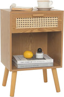 Mid Century Modern Nightstand, Rattan Bedside Table with Drawer and Open Shelf, Wood Nightstand Modern Side Table for Living Room, Bedroom and Small Space, Brown by CozyNest Decor