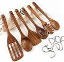 Wooden Utensils for Cooking, Premium Teak Healthy Spoons, Wooden Spoons for Cooking, Durable Eco-Friendly and Safe Teak Cooking Spoon, Cooking Gifts for Mom (set of 6) and Hooks by CozyNest Decor
