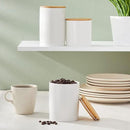Farmlyn Creek Set of 3 White Ceramic Canisters with Airtight Wooden Bmaboo Lids - Kitchen Counter Containers - Food Storage Jars for Storing Sugar, Coffee, Snacks and Other Dry Goods (3 Sizes) by CozyNest Decor