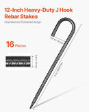 VEVOR Rebar Stakes, 12-Inch, Heavy-Duty 0.4 in Diameter J Hook, Galvanized Steel Ground Anchors with Chisel Point End & Rust-Resistant Coating, for Gardening Support, Fence, Camping Tents (16-Pack) by CozyNest Decor