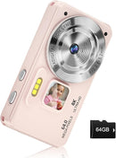 Digital Camera, Autofocus 4K 64MP Point and Shoot Digital Cameras for Teens with 64GB Card, 18X Zoom Anti-Shake Compact Video Camera for Student Kids Boys Girls Beginner - Pink by TinyTreasures Baby Boutique