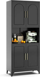 75" Tall Kitchen Pantry Storage Cabinet, Metal Storage Cabinets with 4 Doors and Adjustable Shelves, Black Kitchen Hutch Cabinet with Microwave Stand, Large Cupboard for Dining Living Room by CozyNest Decor