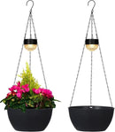 2 Packs Solar Hanging Basket Planters for Plants Outdoor, Self Watering Black Flower Plants Pots with Solar Light Drainer for Balcony Patio Garden Outdoor Decoration by CozyNest Decor