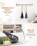 Cooking Spoon for Nonstick Cookwares, Great for Cooking and Serving Sturdy BPA-Free Matte Silicone, Wood Handle Spoon for Mixing, Scoop, and Scrape (Black & Grey, 13.4 inch) by CozyNest Decor