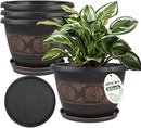 4 Pack 10 inch Plant Pots, Retro Pattern Planters with Drainage Holes and Saucer, Sturdy Plastic Garden Flower Pots for Indoor & Outdoor Plants by CozyNest Decor