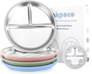 Stainless Steel Suction Plates for Toddlers, 9" Divided Kids Baby Plates with Removable Silicone Suction, Non Toxic Non Slip Portion Control Snack Dishes 4 Packs, Blue Green Gray Pink by TinyTreasures Baby Boutique