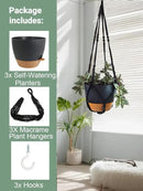 3 Pack Self Watering Hanging Planters Macrame Plant Hangers with Indoor Flower Pots, 3 Different Size Hanging Basket, Plant Hanger with Hooks for Garden Home Decor Black by GreenHaven Gardens