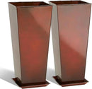 KOL 25''H. Galvanized Steel Planter with Saucer, Tall Glazed Planter Pots for Indoor & Outdoor Use, Set of 2, Decorative Flower Plant Pots with Drainage Hole for Porch, Patio, Deck - Reddish Brown by CozyNest Decor