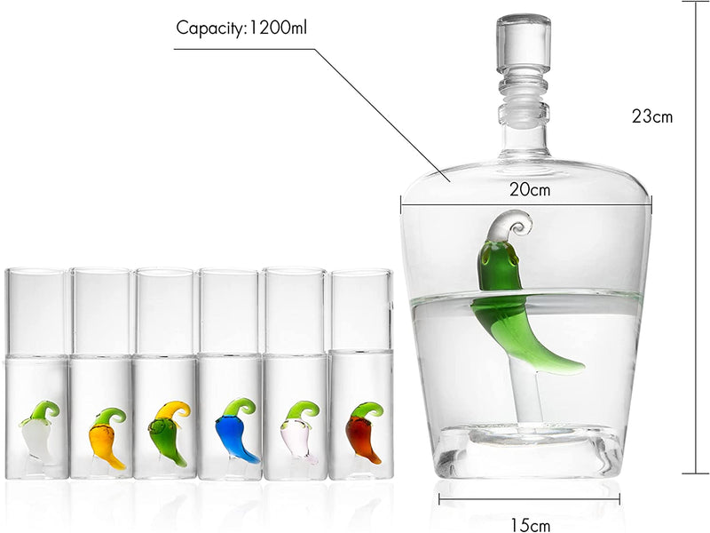 Tequila Decanter Set with Pepper Decanter and 6 Jalapeño Shot Glasses Set, Perfect for Holiday Gifts for Tequila Lovers, 25 Ounce Bottle, 3 Ounce Shot Glasses Cinco De Mayo, Reposado Gift (Pepper)