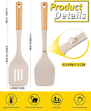 Pack of 2 Large Silicone Spatula, Heat Resistant Solid Turner, Non Stick Slotted Spatulas with Wooden Handle, Ideal Kitchen Utensils for Flipping, Pancakes, Eggs, Fish(KHAKI) by CozyNest Decor