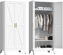 71'' Farmhouse Metal Wardrobe Cabinet with Hanging Rod, 2 Barn Door Wardrobe Closet with 2 Adjustable Shelves,for Dining Room,Bedroom,Living Room, Cloak Room,Office (White) by CozyNest Decor