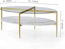 Oval Glass Coffee Table, Mid-Century Modern Design, L43 x W22 x H17 inch, Surfboard Shaped Clear Glass Top and White Marble Finish Wood Shelf, Tapered Legs with Gold Finish Frame by CozyNest Decor