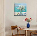 Bathroom Decor Ocean Daisy Flower Canvas Wall Art Coastal Nautical Seashell Seascape Framed Picture Ocean Theme Seascape Painting Artwork for Bedroom Home Decoration Square Blue 14x14" by CozyNest Decor