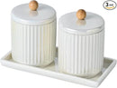 Ceramic Bathroom Canister Set with Coordinating Small Vanity Tray Qtip Holder Dispenser for Cotton Ball,Swab,Pads, Floss, Bathroom Storage Jars with Lids Pearl White by CozyNest Decor