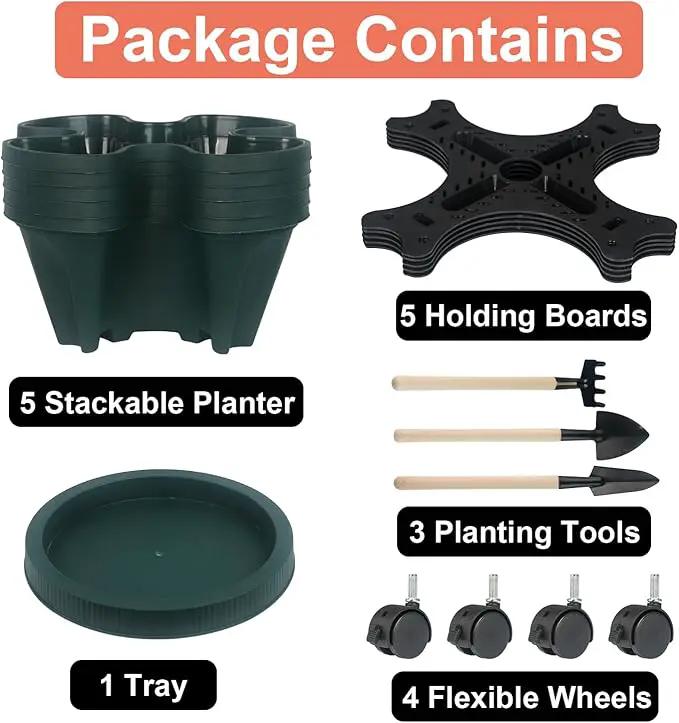 Vertical Planter 5 Tier Stackable Planters Garden Planters Strawberry Herb Flower and Vegetable Planter Indoor Outdoor Gardening Pots with Removable Wheels and Tools 2-Pack, photo 8 of 9