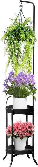 Hanging Plant Stand Indoor Outdoor, Space-Saving Corner Metal Plant Shelf 3 Potted Flower Pot Stand, 2 Tier 61" Tall Modern Planter Holder for Patio Garden Balcony Living Room Bedroom, Black by GreenHaven Gardens