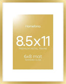 Homeforia 8.5 by 11 Picture Frame Gold, High End Metal 8.5x11 Poster Frames with Mat 6x8 Photo, 8.5 x 11 Frame Matted to 6 x 8 Print, 8.5by11 Wall or Tabletop Frame, Tempered Glass, Wall Kit, Set of 1 by CozyNest Decor