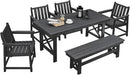 HDPE Outdoor Dining Set of 6, Patio Dining Table Set with 4 Chairs and 1 Bench, 6 Pieces HDPE Dining Set with Umbrella Hole, Outdoor Furniture Sets for Deck, Poolside, Garden, Obsidian by CozyNest Decor