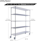 60"x18"x72" Chrome 5-Tier PREMIUM Wire Shelving NSF 4000 LBS MAX CAPACITY Heavy Duty Steel Storage Rack for Warehouses, Garages, Hospitals, Commercial Spaces, & Schools w/PREMIUM WHEELS by CozyNest Decor
