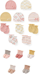 15 Pack Unisex New Born Boy Girls No Scratch Mittens Sets Cotton Soft Baby Gloves Hats socks Accessory 0-6 Months by TinyTreasures Baby Boutique