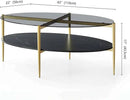 Oval Glass Coffee Table, Mid-Century Modern Design, L43 x W22 x H17 inch, Surfboard Shaped Grey Glass Top and Black Marble Finish Wood Shelf, Tapered Legs with Gold Finish Frame by CozyNest Decor